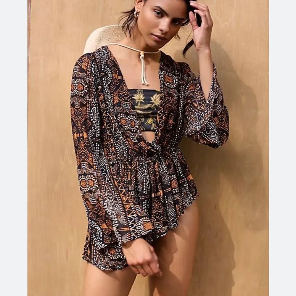 Free People Black and Brown Printed Peasant Blouse